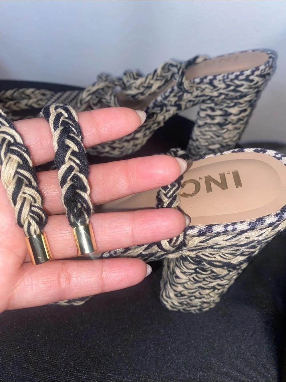 INC International Concepts Black & Cream Braided Platform Heels with Wrap Ties